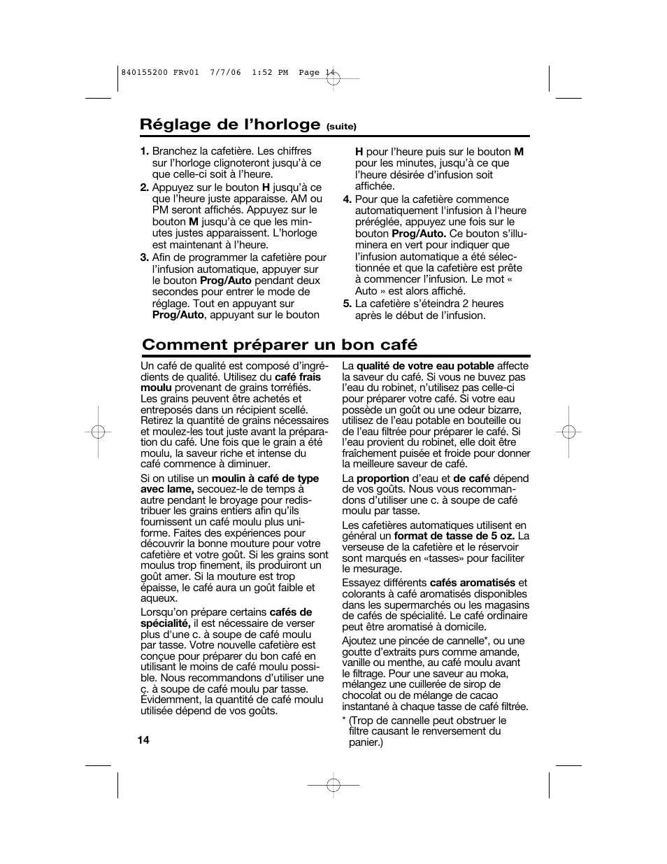 Comment préparer un bon café, Réglage de l’horloge | Hamilton Beach 840155200 User Manual | Page 14 / 28