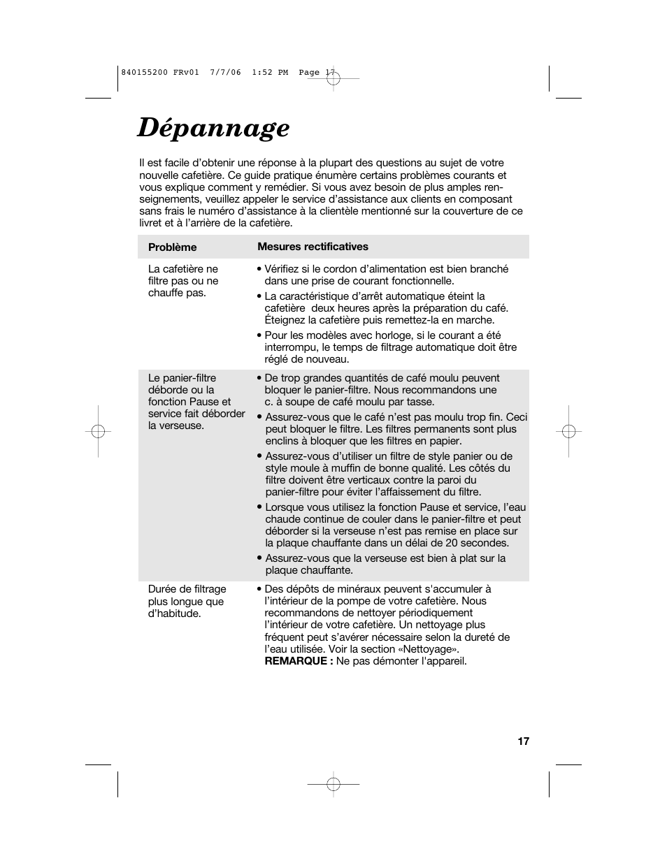 Dépannage | Hamilton Beach 840155200 User Manual | Page 17 / 28