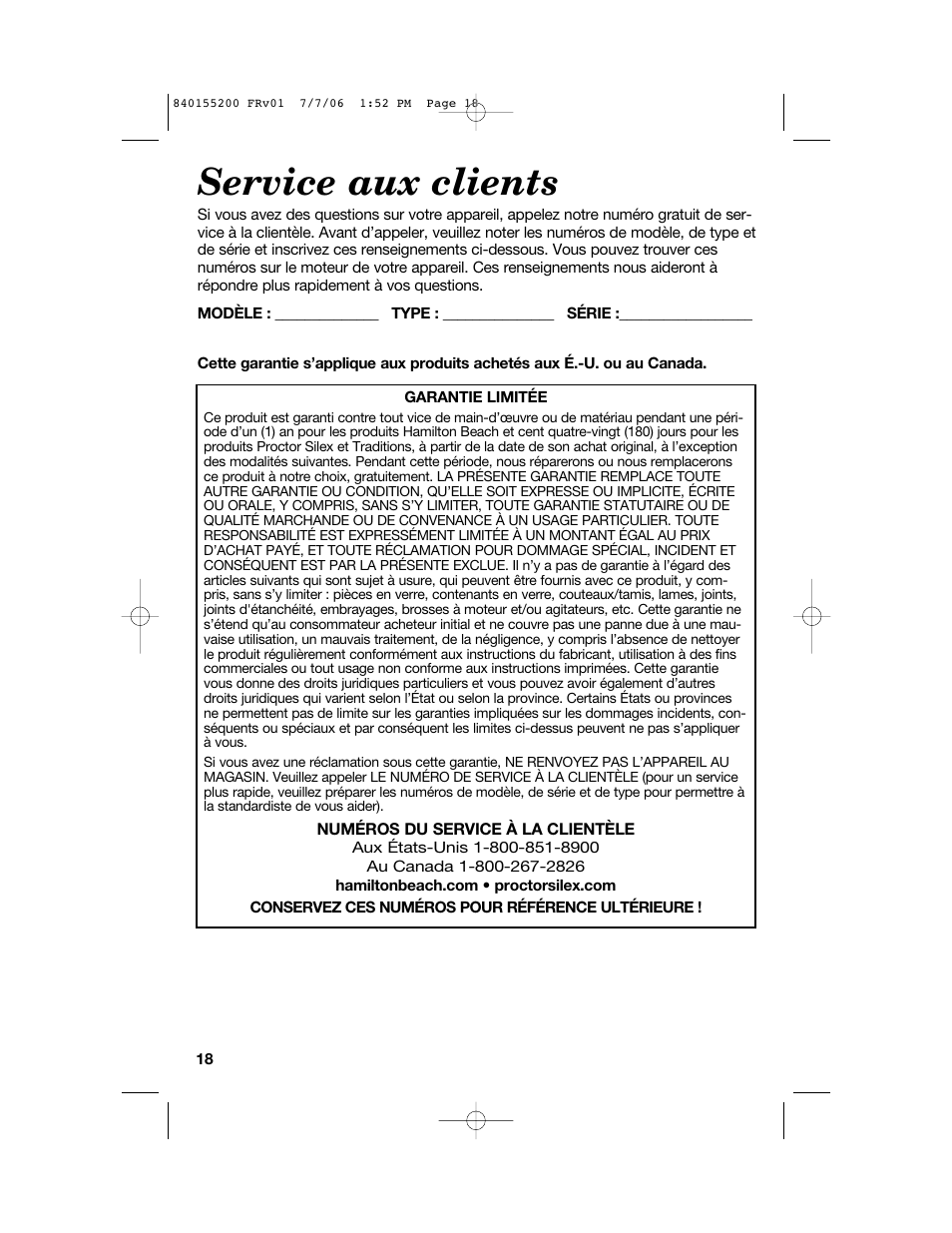 Service aux clients | Hamilton Beach 840155200 User Manual | Page 18 / 28