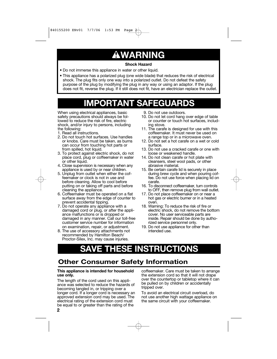 W warning, Important safeguards, Save these instructions | Other consumer safety information | Hamilton Beach 840155200 User Manual | Page 2 / 28