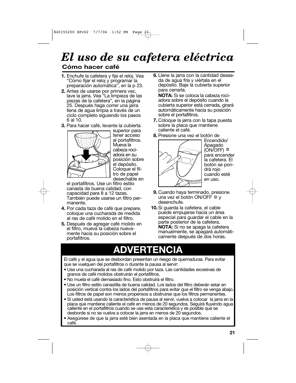 El uso de su cafetera eléctrica, Advertencia | Hamilton Beach 840155200 User Manual | Page 21 / 28