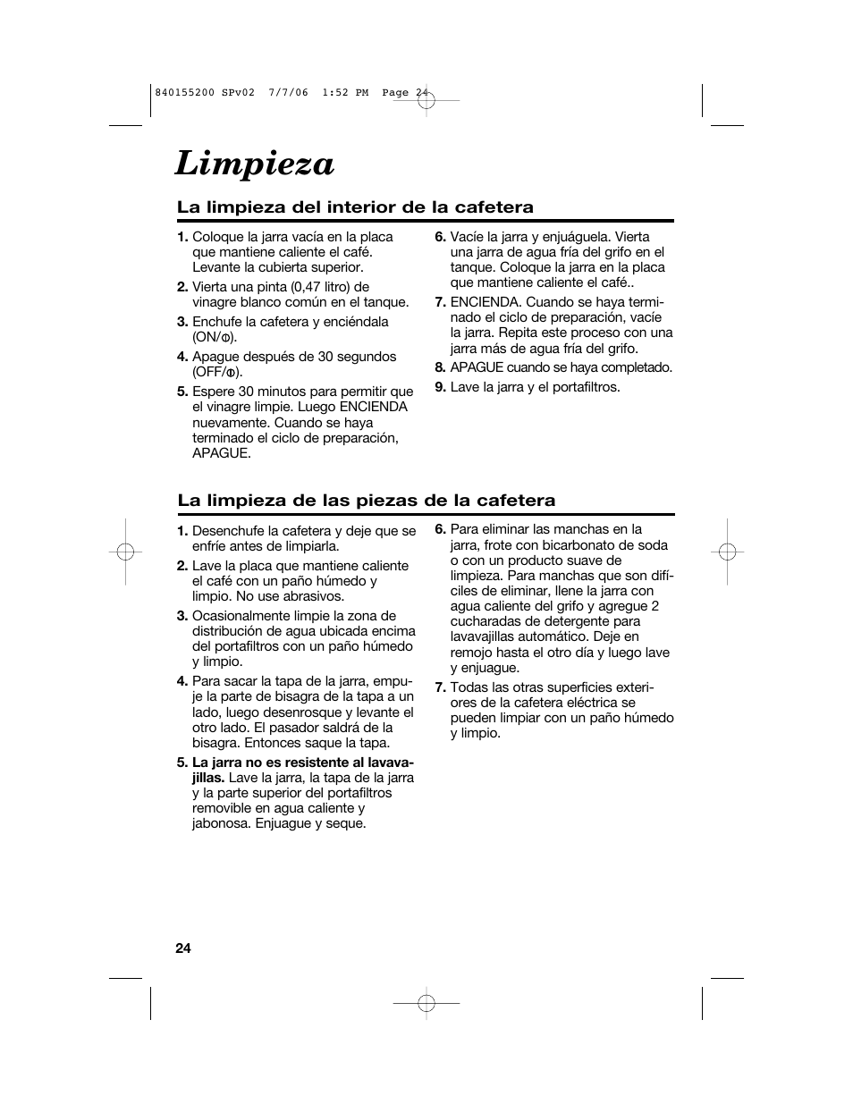 Limpieza | Hamilton Beach 840155200 User Manual | Page 24 / 28