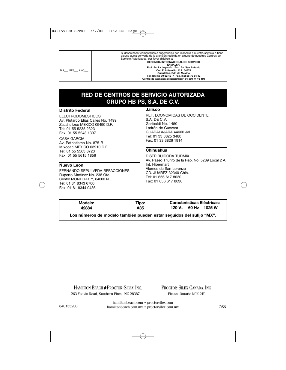 Hamilton Beach 840155200 User Manual | Page 28 / 28