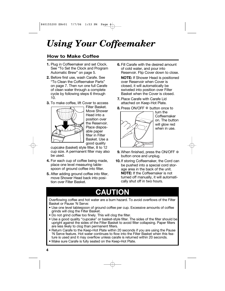 Using your coffeemaker, Caution | Hamilton Beach 840155200 User Manual | Page 4 / 28