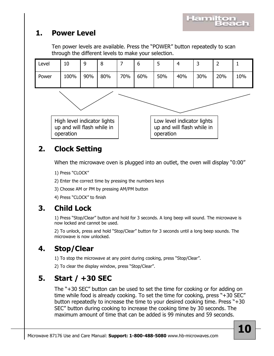 Power level, Clock setting, Child lock | Stop/clear, Start / +30 sec | Hamilton Beach 87176 User Manual | Page 10 / 18