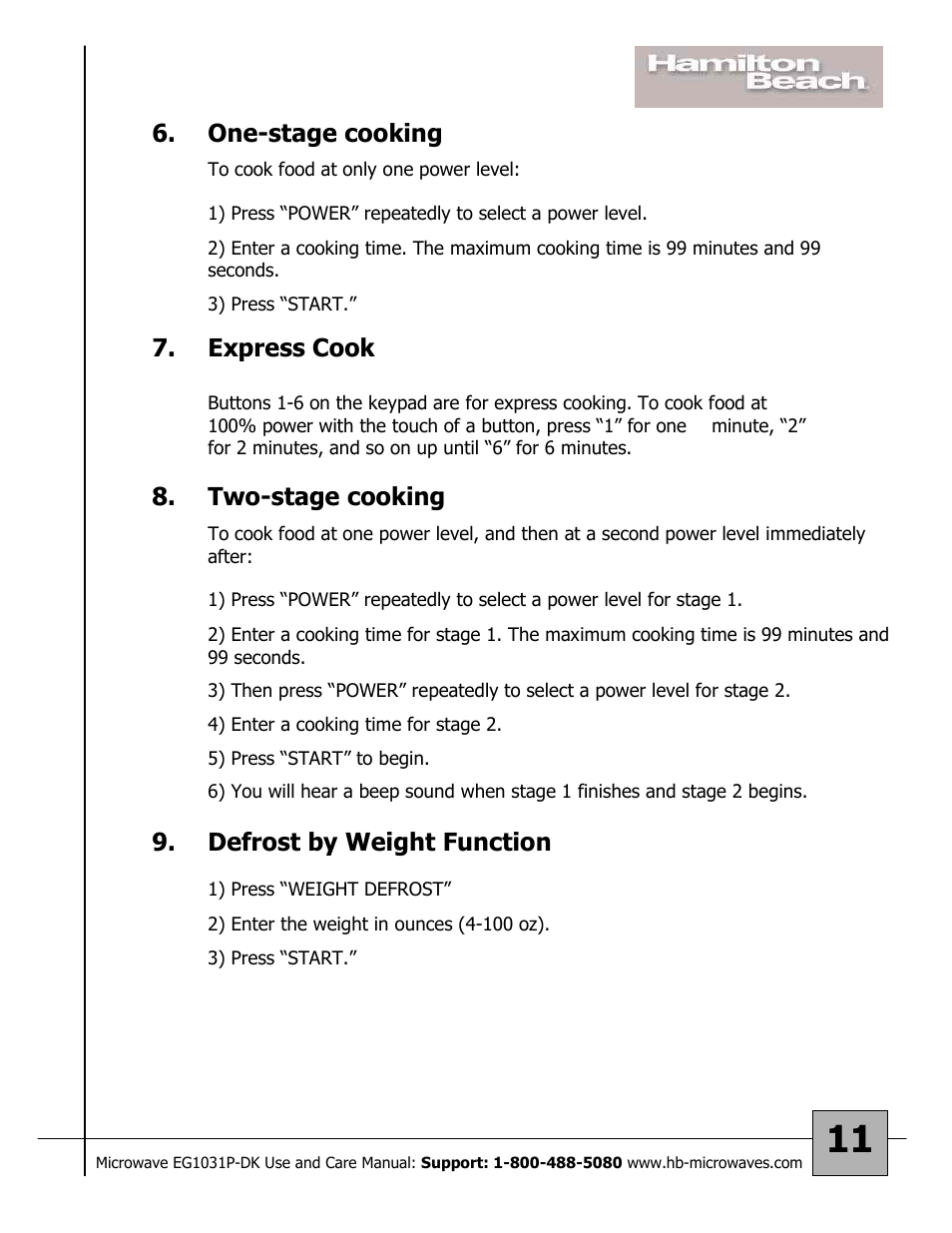 Two-stage cooking, Express cook, One-stage cooking | Defrost by weight function | Hamilton Beach 87176 User Manual | Page 11 / 18