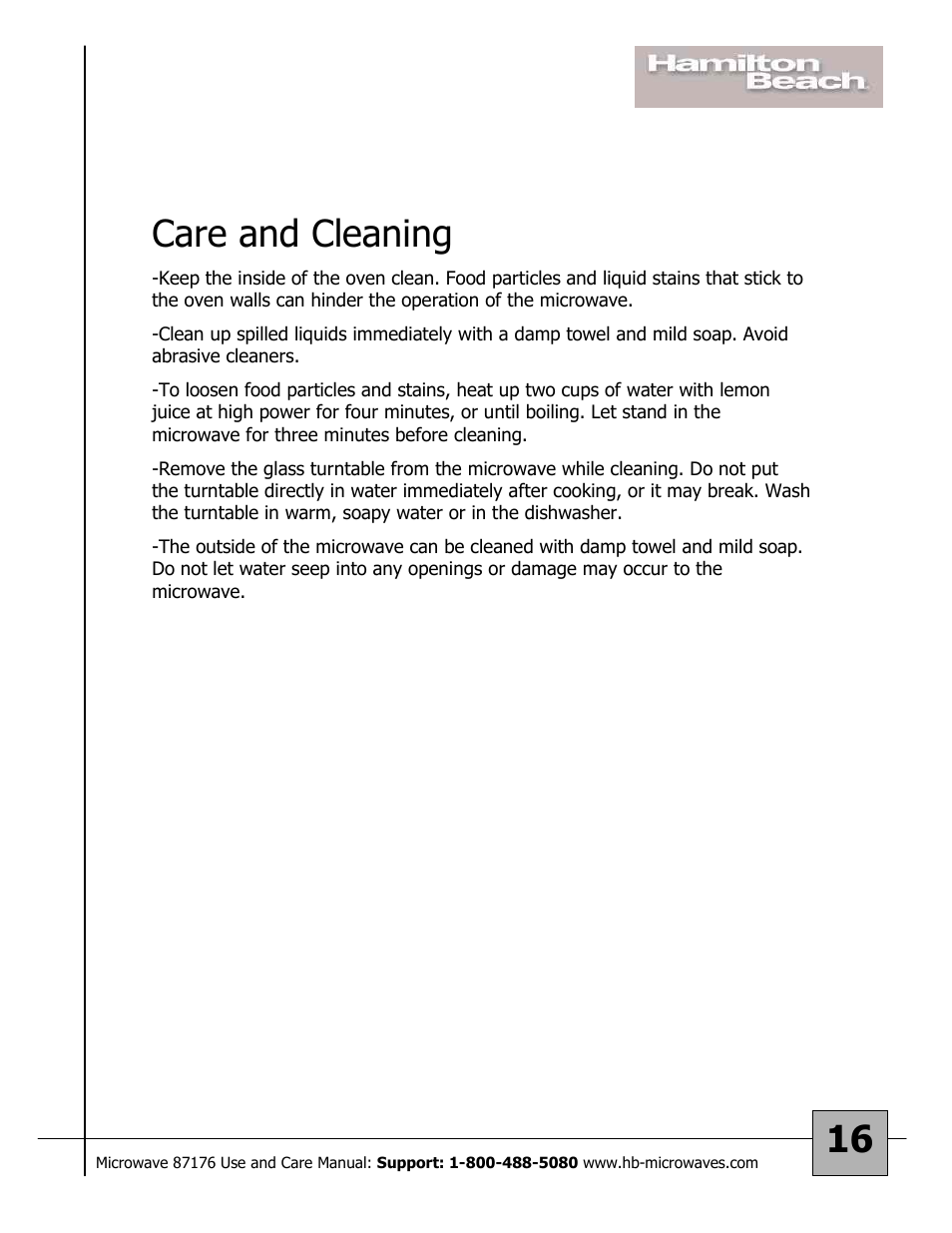 16 care and cleaning | Hamilton Beach 87176 User Manual | Page 16 / 18