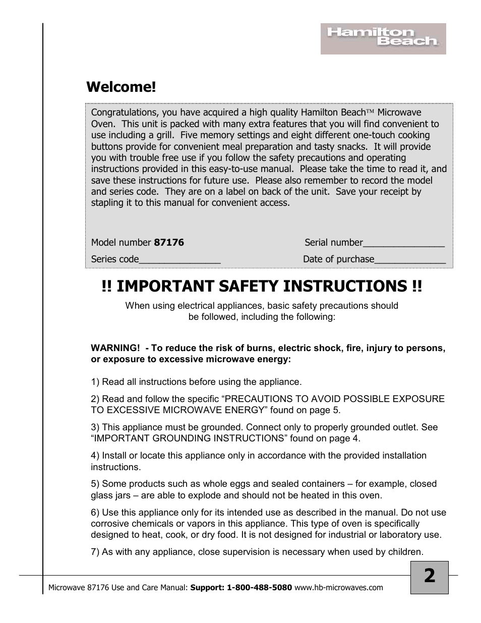 Important safety instructions, Welcome | Hamilton Beach 87176 User Manual | Page 2 / 18