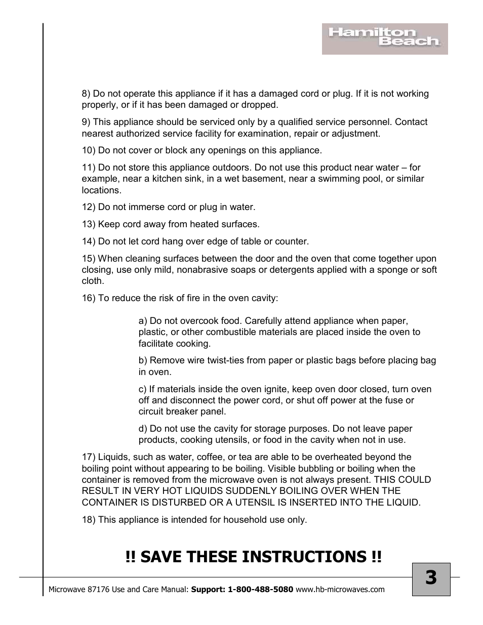 Save these instructions | Hamilton Beach 87176 User Manual | Page 3 / 18
