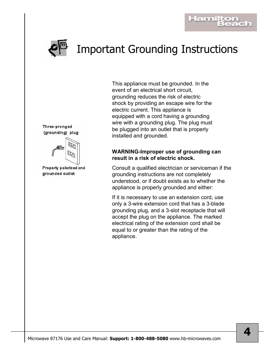 4important grounding instructions | Hamilton Beach 87176 User Manual | Page 4 / 18