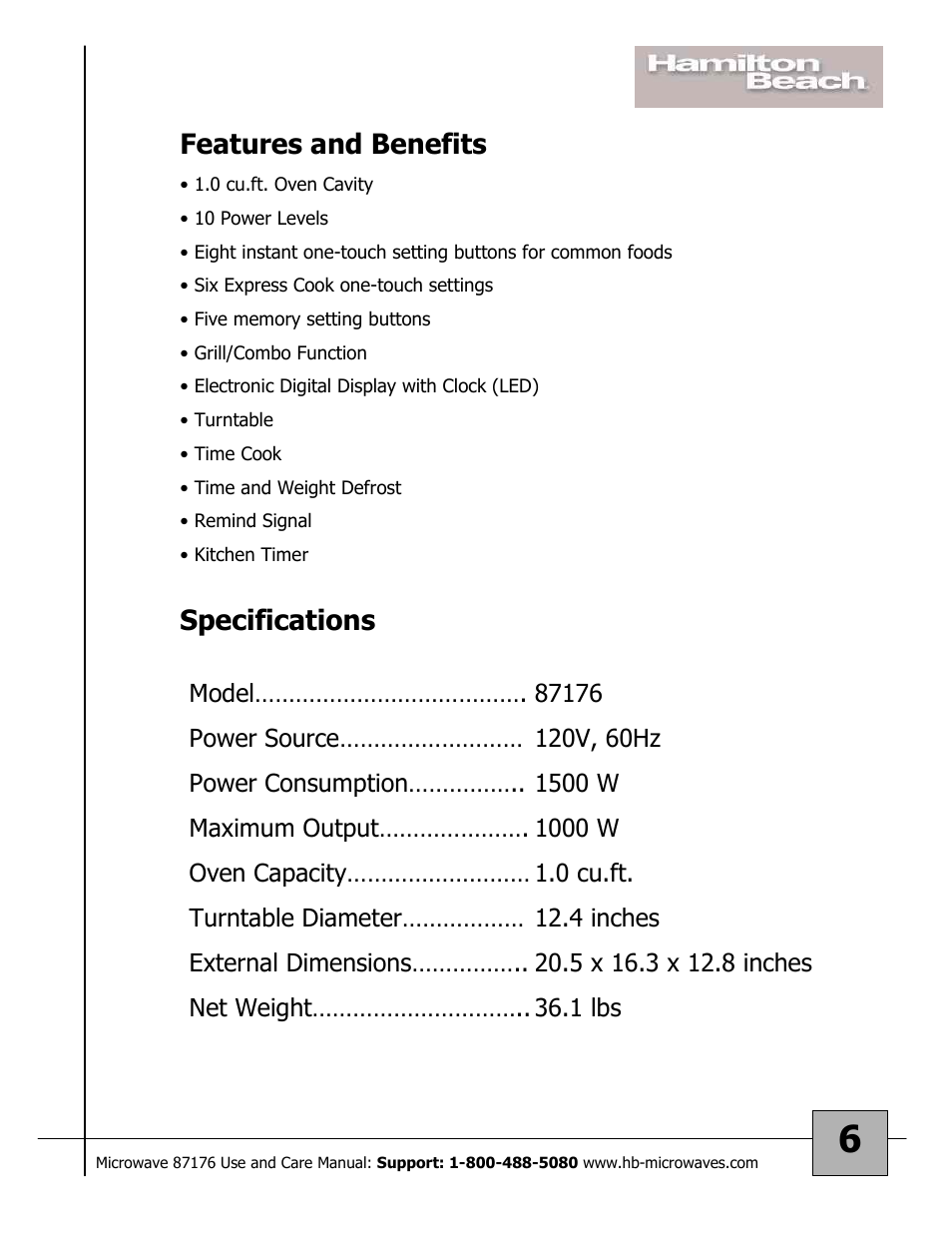 Specifications, Features and benefits | Hamilton Beach 87176 User Manual | Page 6 / 18