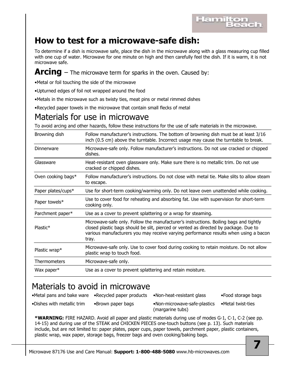 Arcing, Materials to avoid in microwave | Hamilton Beach 87176 User Manual | Page 7 / 18