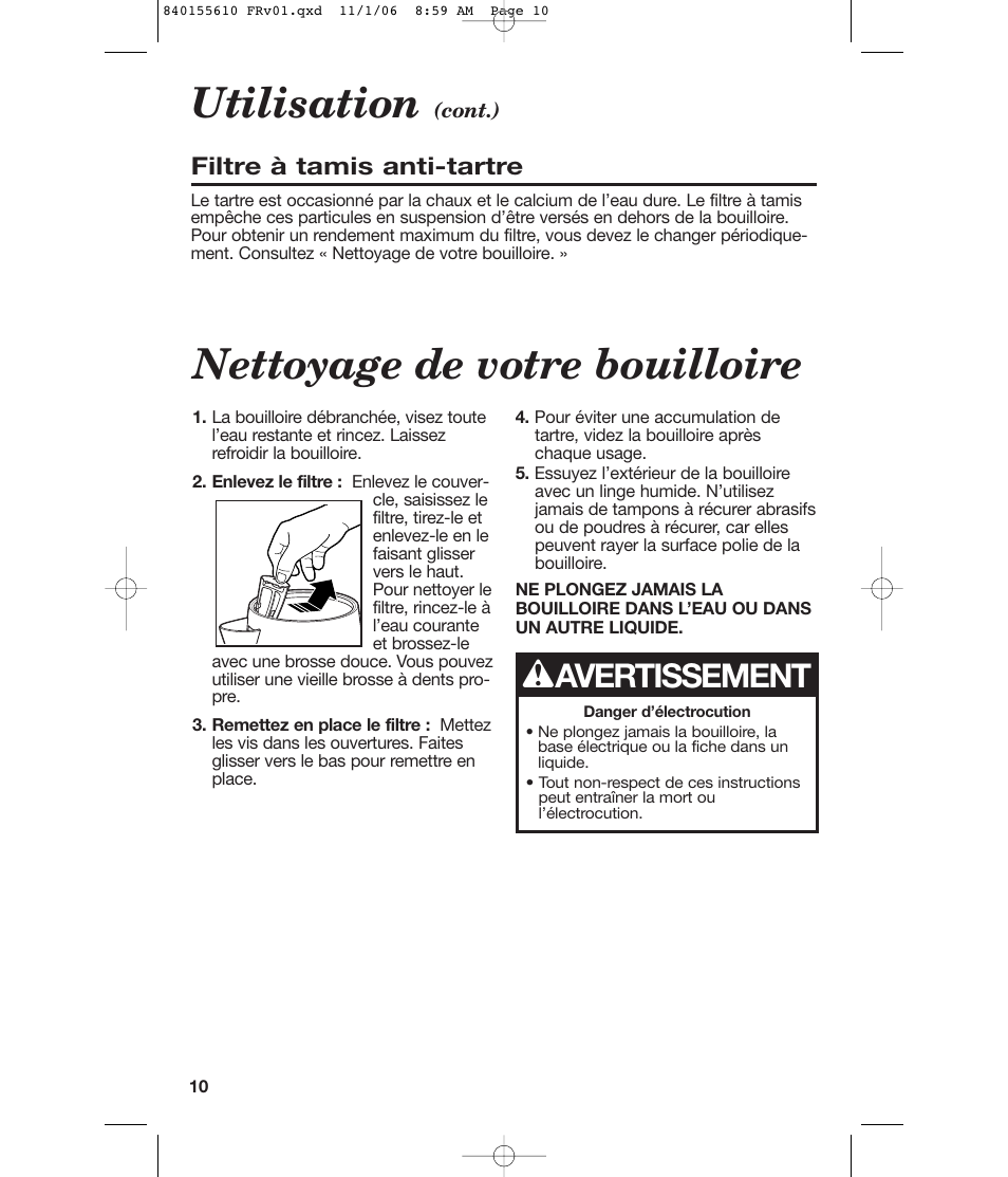 Utilisation, Nettoyage de votre bouilloire, Avertissement | Filtre à tamis anti-tartre | Hamilton Beach 840155610 User Manual | Page 10 / 16