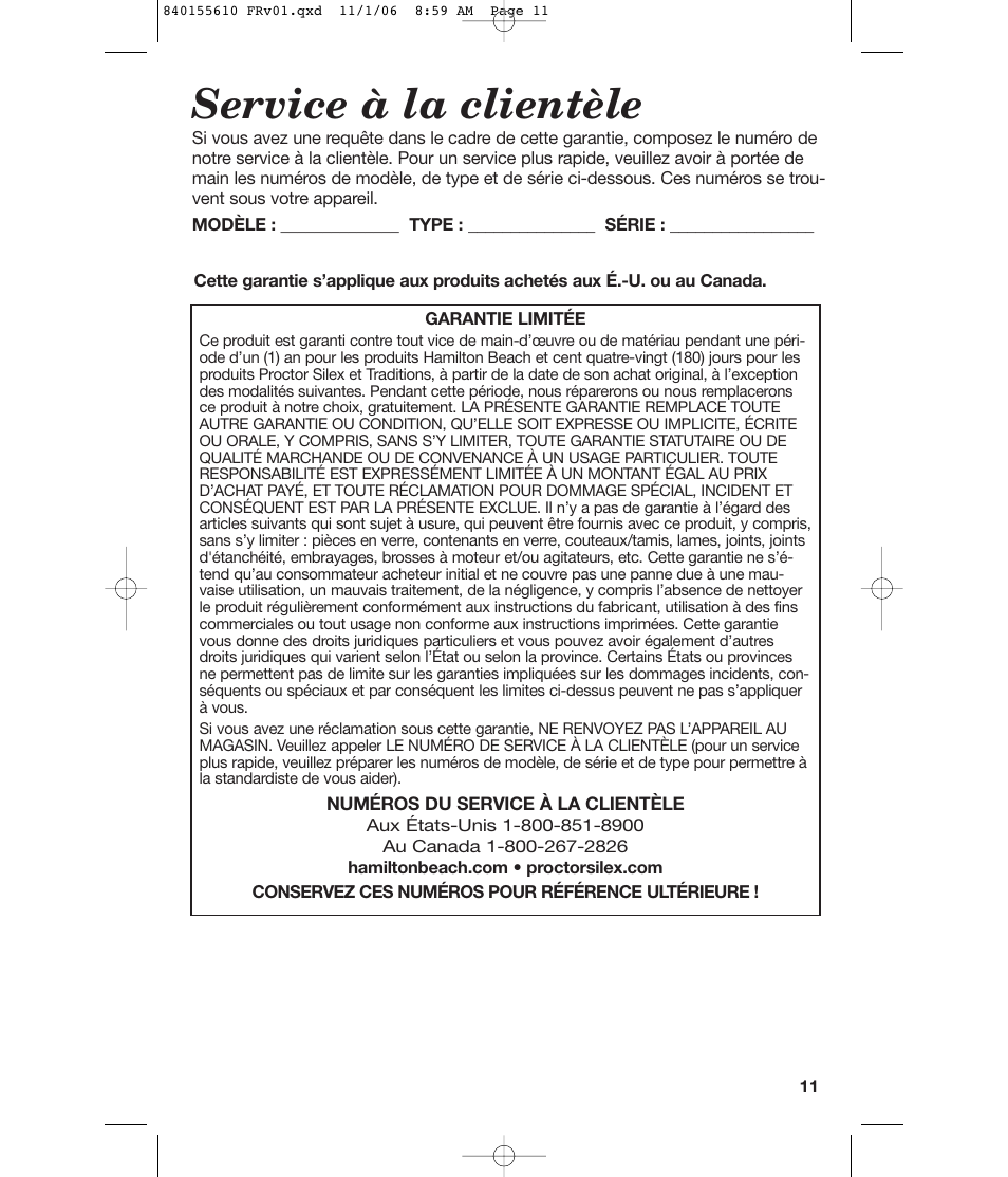 Service à la clientèle | Hamilton Beach 840155610 User Manual | Page 11 / 16