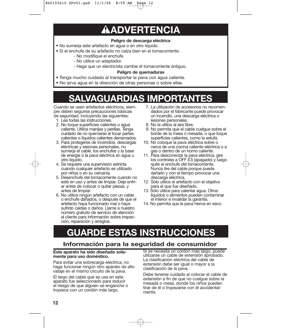 W advertencia, Guarde estas instrucciones, Salvaguardias importantes | Hamilton Beach 840155610 User Manual | Page 12 / 16