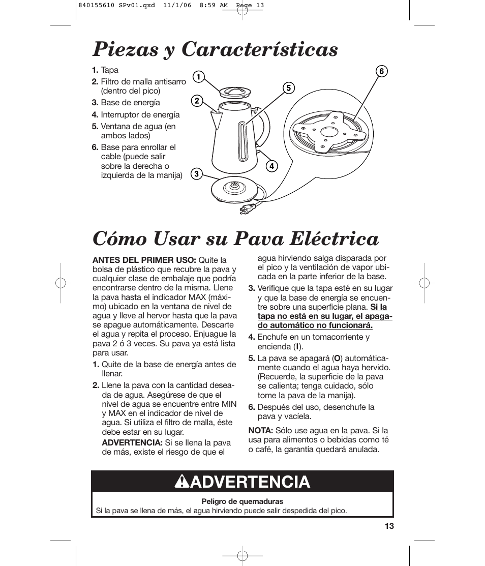 Piezas y características, Cómo usar su pava eléctrica, W advertencia | Hamilton Beach 840155610 User Manual | Page 13 / 16