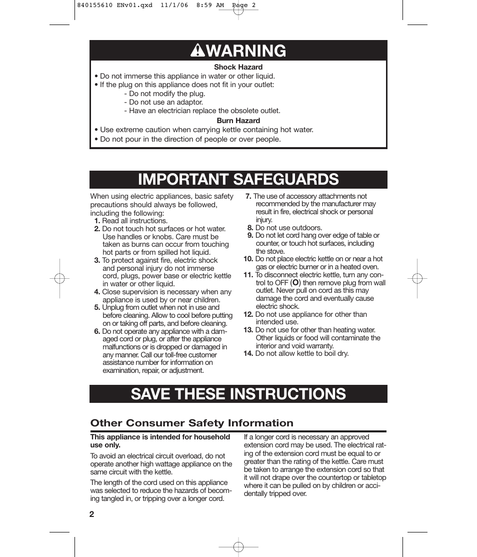 W warning, Save these instructions, Important safeguards | Other consumer safety information | Hamilton Beach 840155610 User Manual | Page 2 / 16