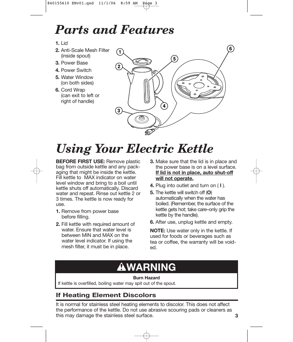 Parts and features using your electric kettle, W warning | Hamilton Beach 840155610 User Manual | Page 3 / 16