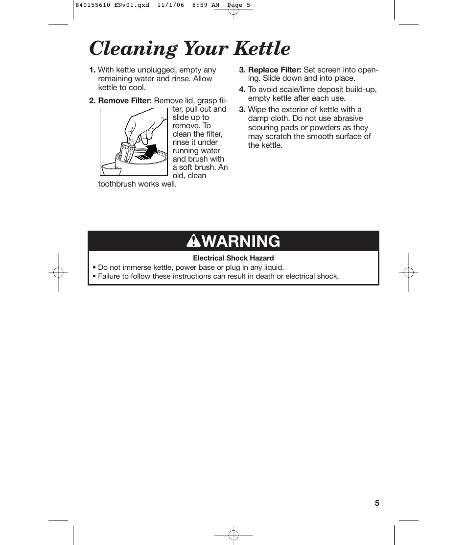 Cleaning your kettle, W warning | Hamilton Beach 840155610 User Manual | Page 5 / 16