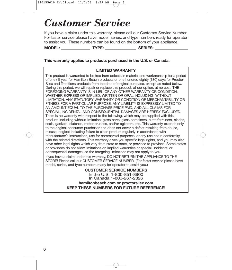 Customer service | Hamilton Beach 840155610 User Manual | Page 6 / 16