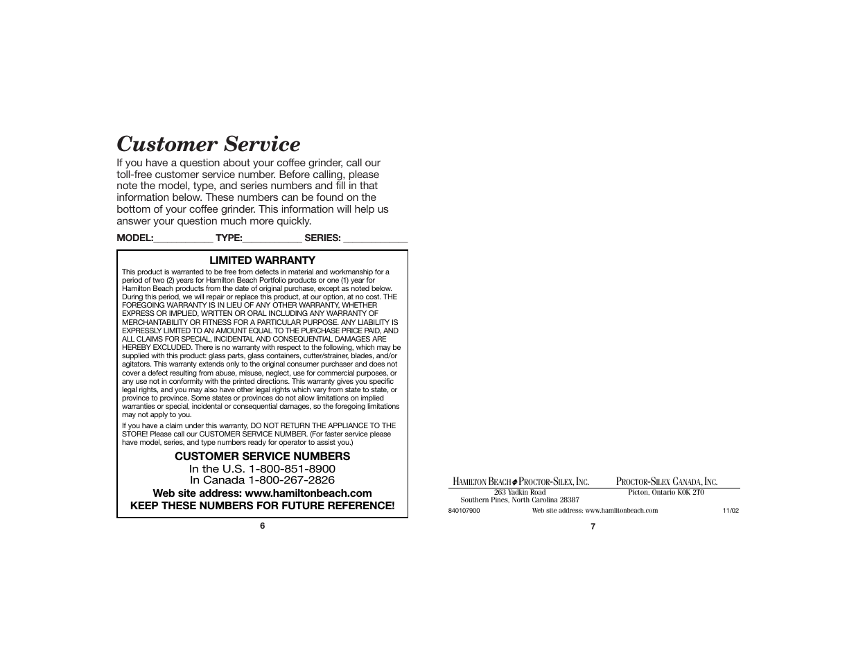 Customer service | Hamilton Beach 840107900 User Manual | Page 4 / 4