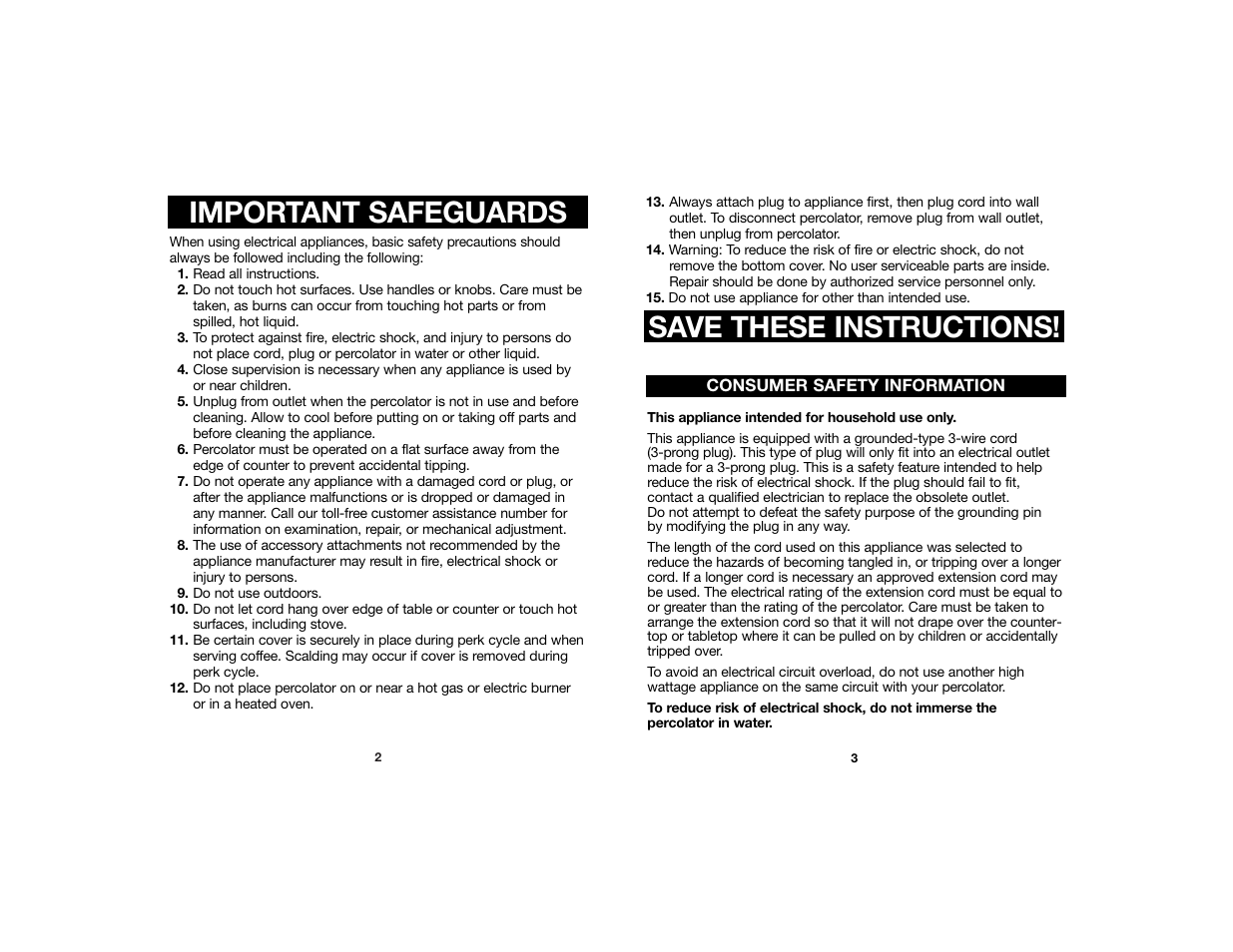 Important safeguards, Save these instructions | Hamilton Beach Percolator User Manual | Page 2 / 5