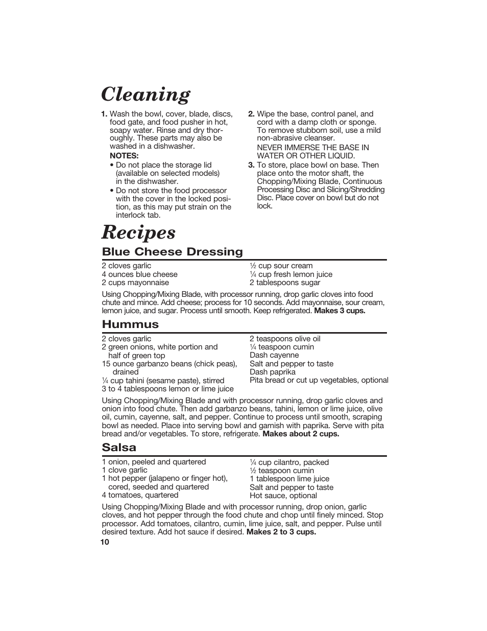 Recipes, Cleaning, Blue cheese dressing | Hummus, Salsa | Hamilton Beach 840118100 User Manual | Page 10 / 18