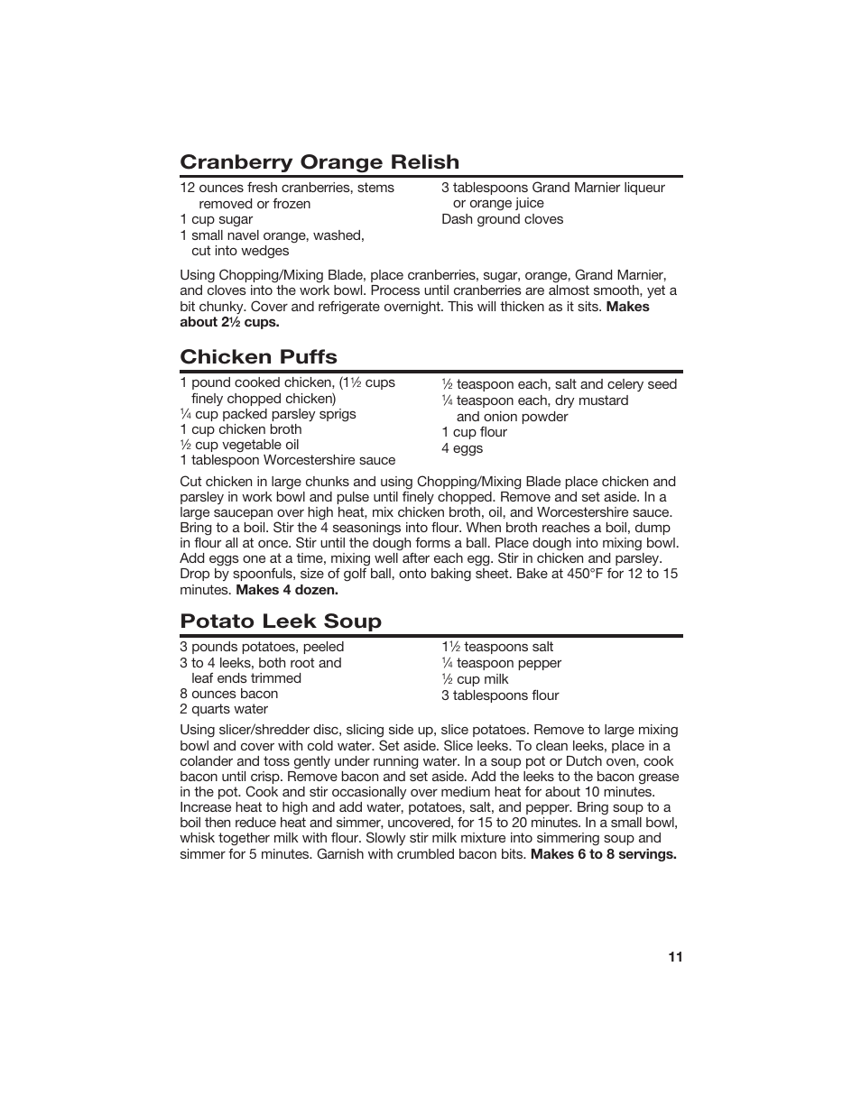 Cranberry orange relish, Chicken puffs, Potato leek soup | Hamilton Beach 840118100 User Manual | Page 11 / 18