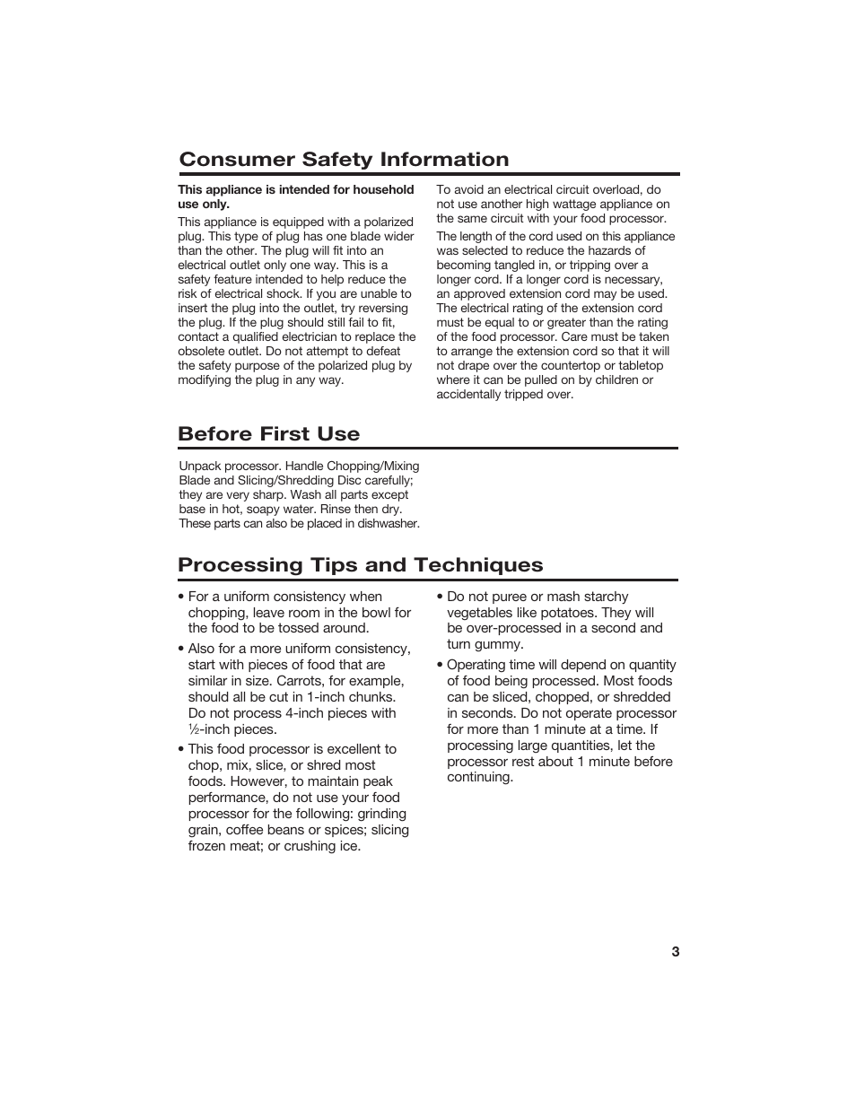 Consumer safety information, Before first use, Processing tips and techniques | Hamilton Beach 840118100 User Manual | Page 3 / 18