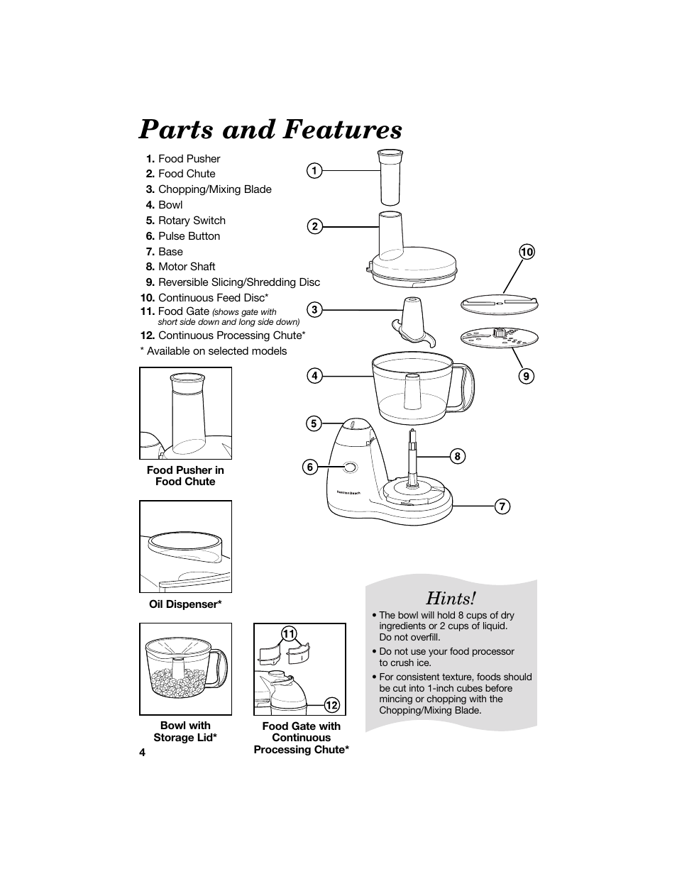 Parts and features, Hints | Hamilton Beach 840118100 User Manual | Page 4 / 18