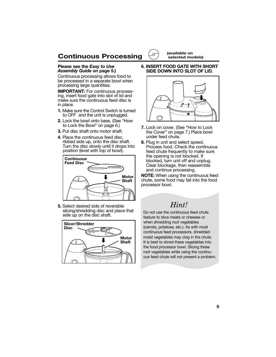 Hint, Continuous processing | Hamilton Beach 840118100 User Manual | Page 9 / 18