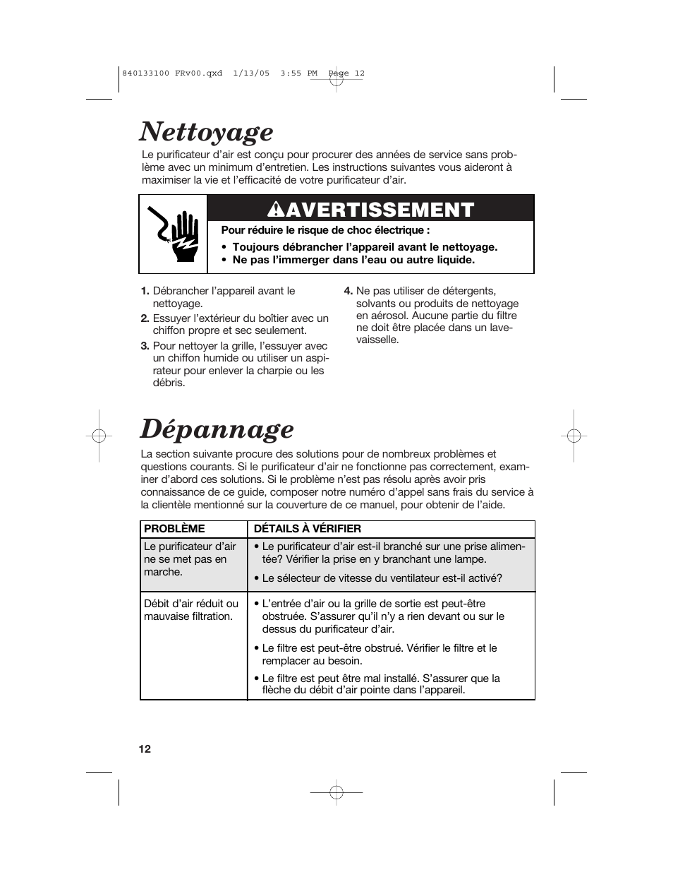 Dépannage, Nettoyage, Wavertissement | Hamilton Beach TrueAir HEPA User Manual | Page 12 / 20