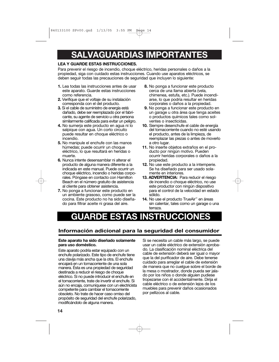 Hamilton Beach TrueAir HEPA User Manual | Page 14 / 20
