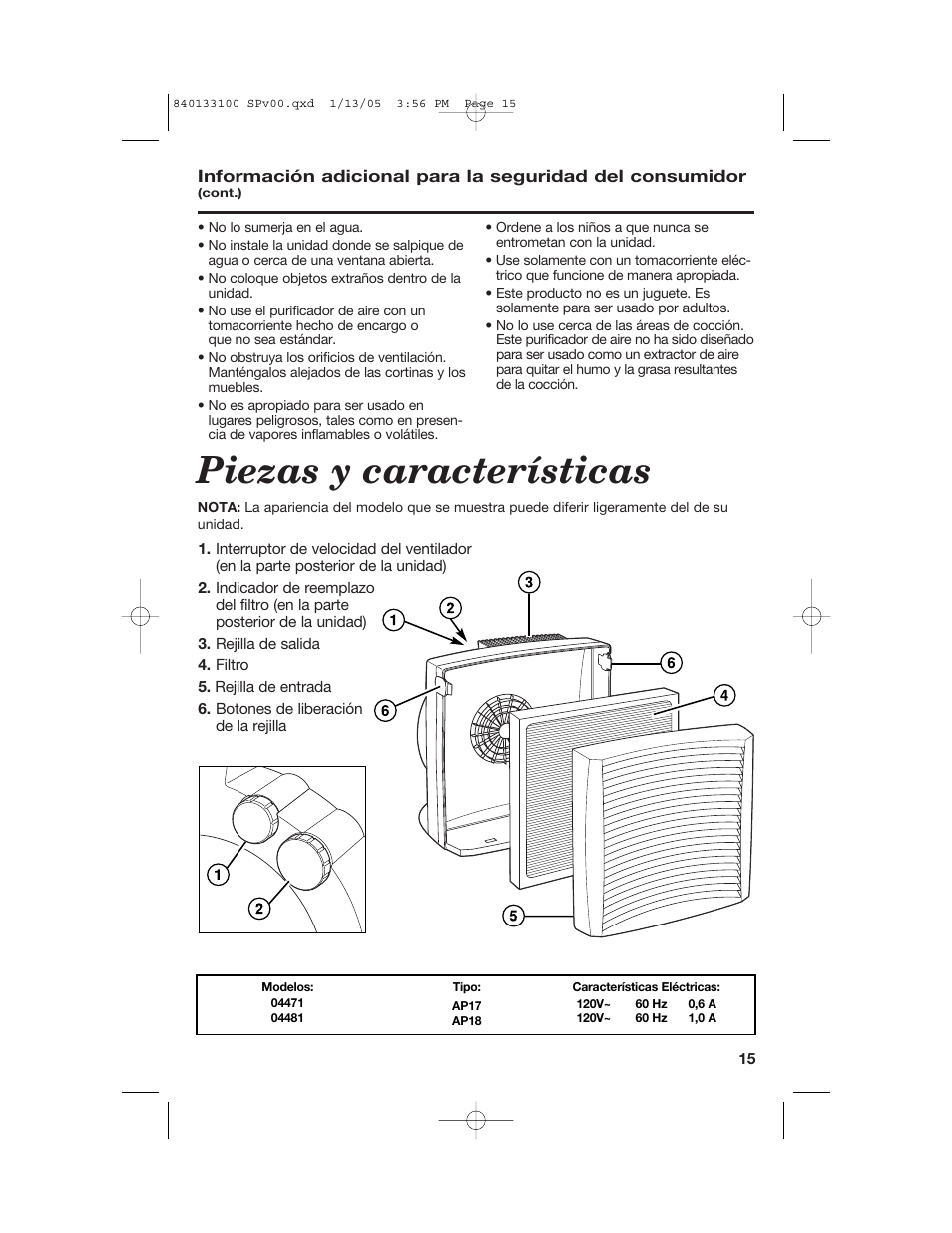 Piezas y características | Hamilton Beach TrueAir HEPA User Manual | Page 15 / 20