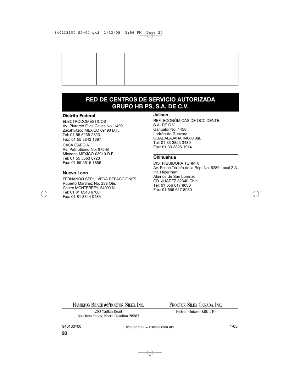 Hamilton Beach TrueAir HEPA User Manual | Page 20 / 20