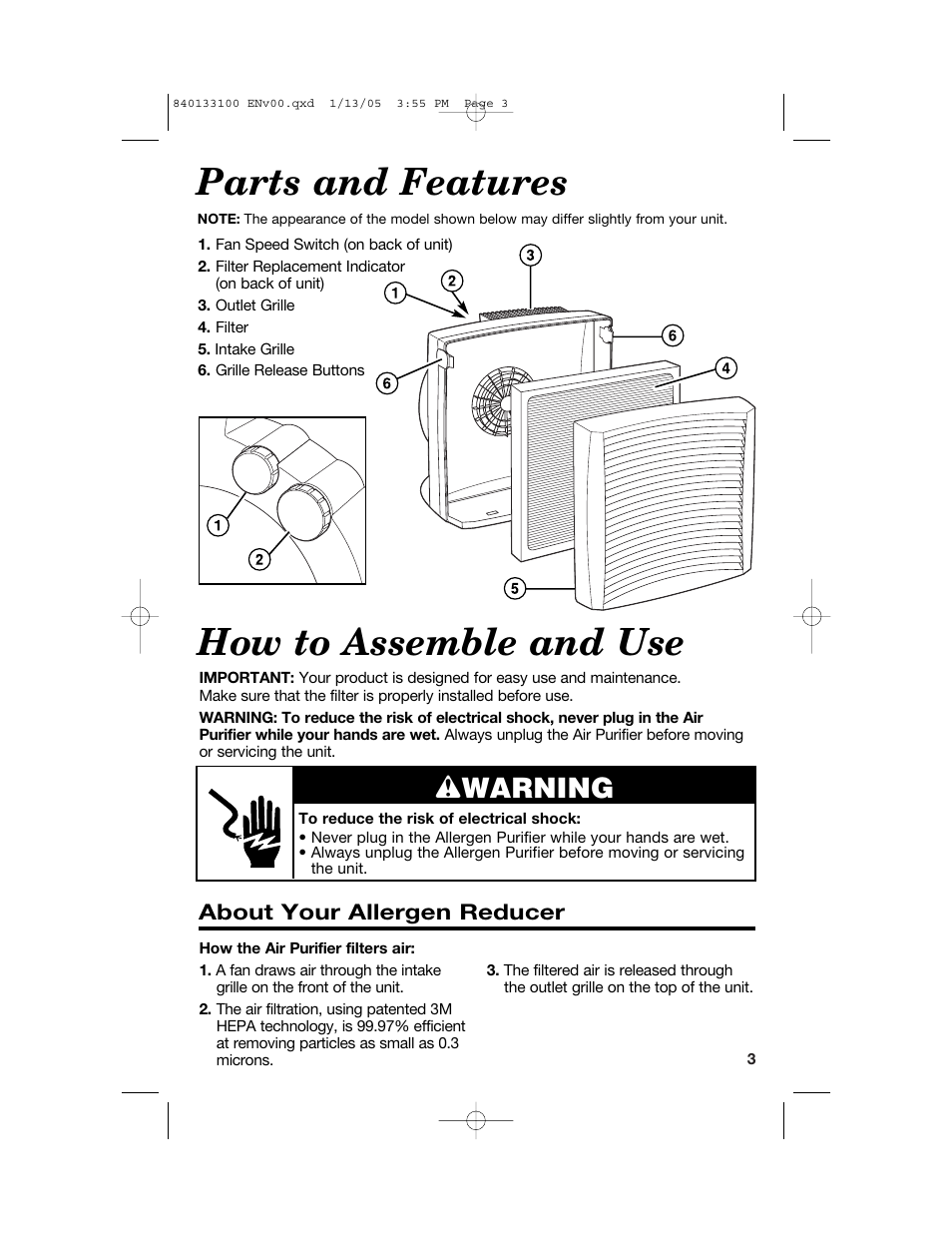 Parts and features, How to assemble and use, Wwarning | Hamilton Beach TrueAir HEPA User Manual | Page 3 / 20