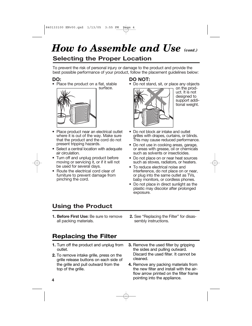 How to assemble and use, Using the product, Selecting the proper location | Replacing the filter | Hamilton Beach TrueAir HEPA User Manual | Page 4 / 20