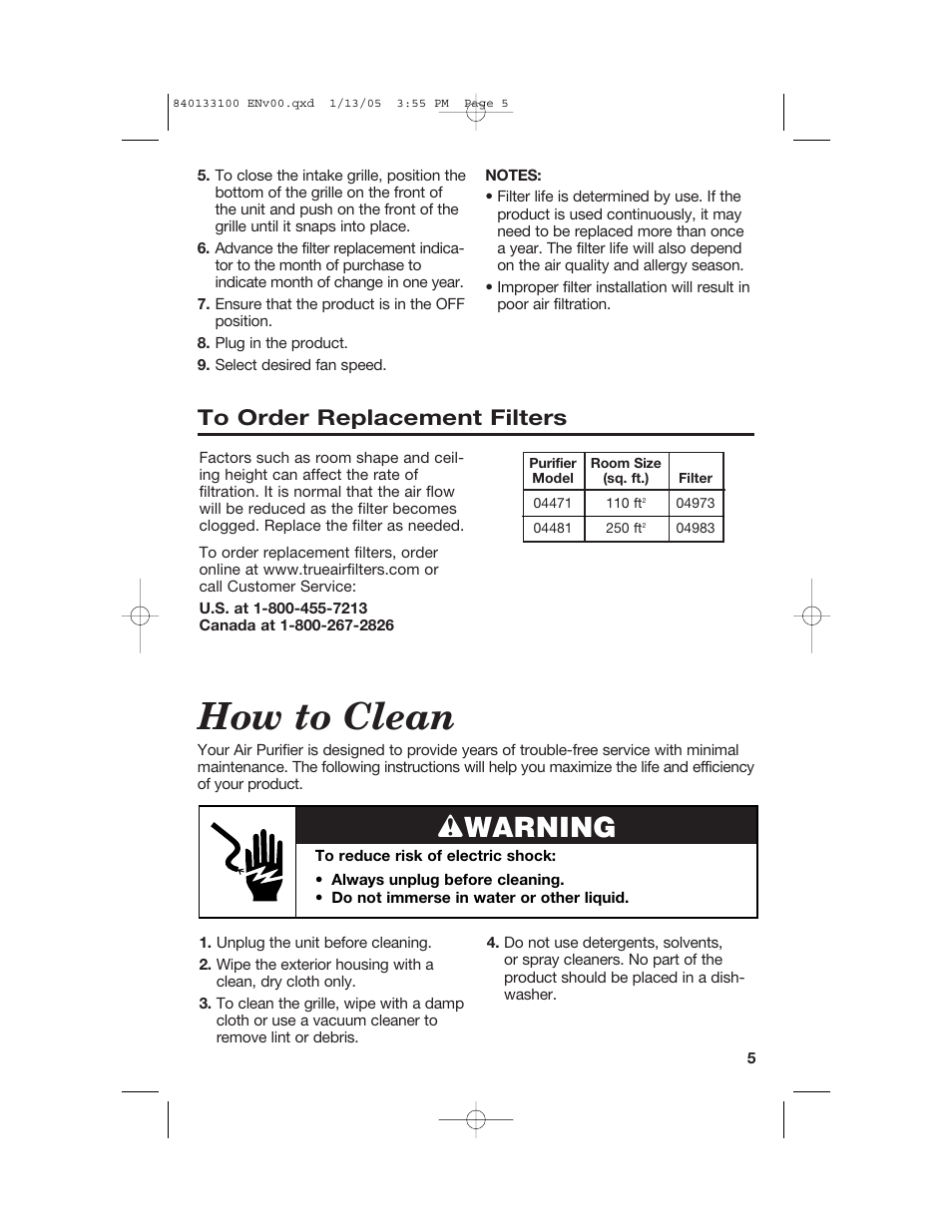 How to clean, Wwarning | Hamilton Beach TrueAir HEPA User Manual | Page 5 / 20