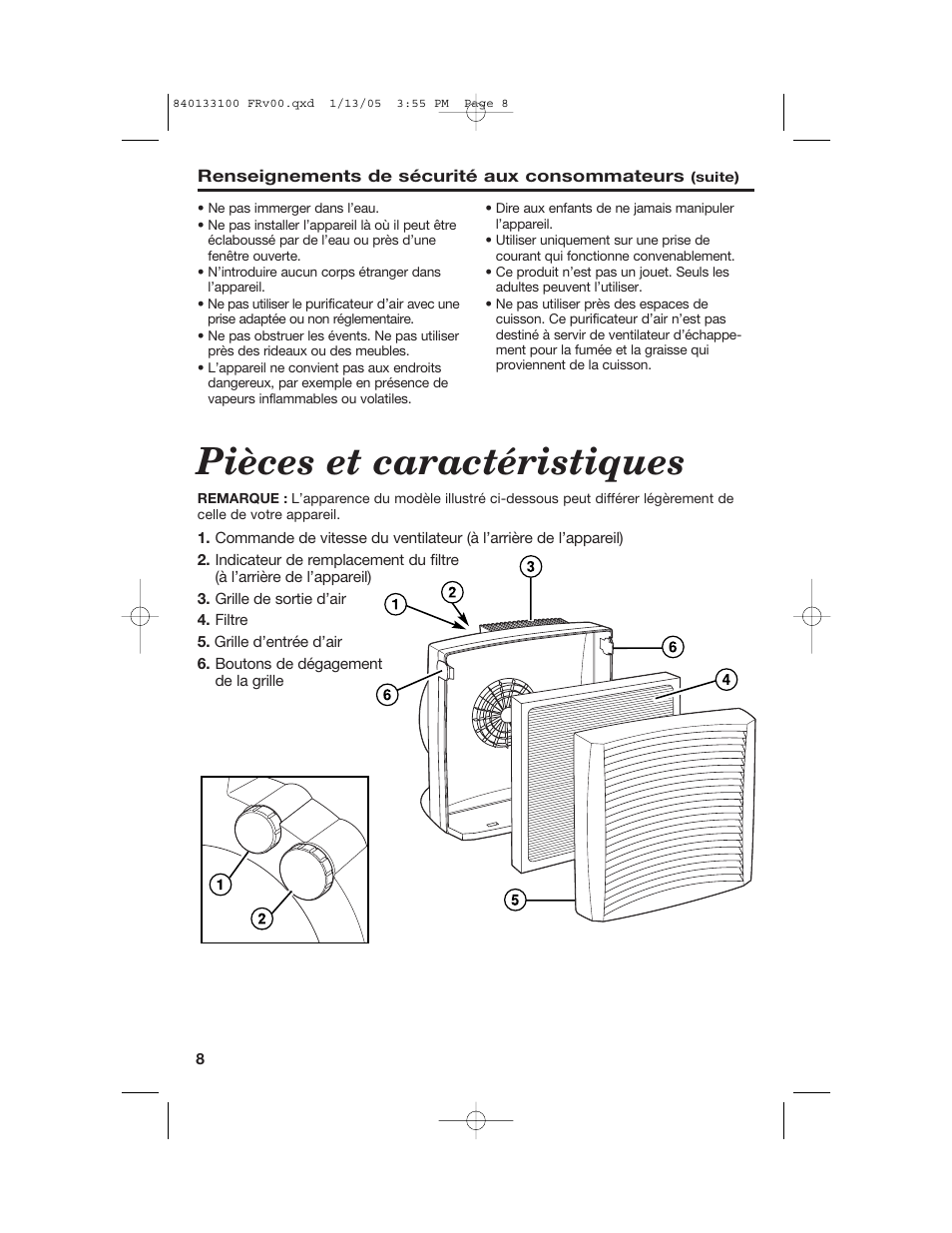Pièces et caractéristiques | Hamilton Beach TrueAir HEPA User Manual | Page 8 / 20