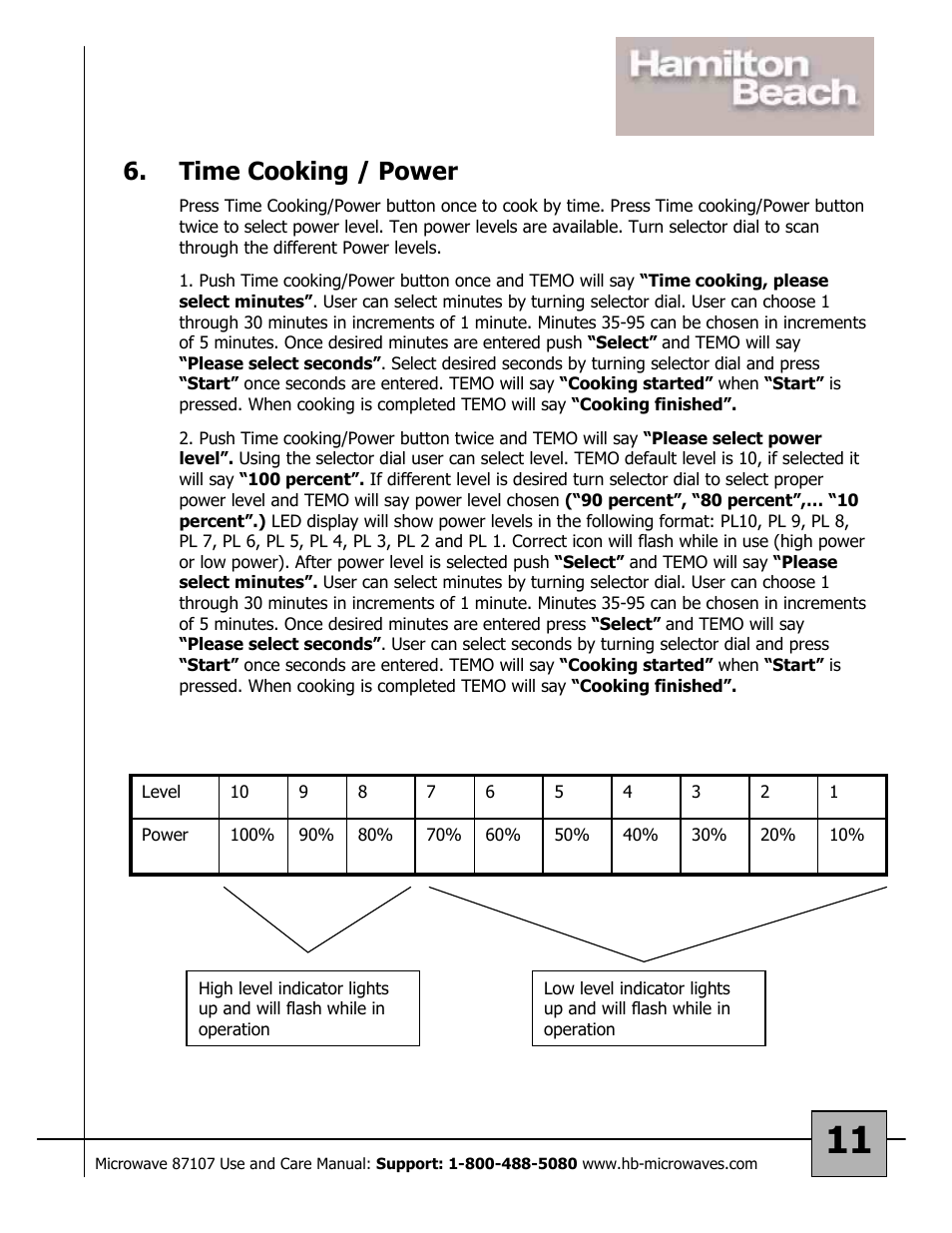 Time cooking / power | Hamilton Beach 87107 User Manual | Page 11 / 19