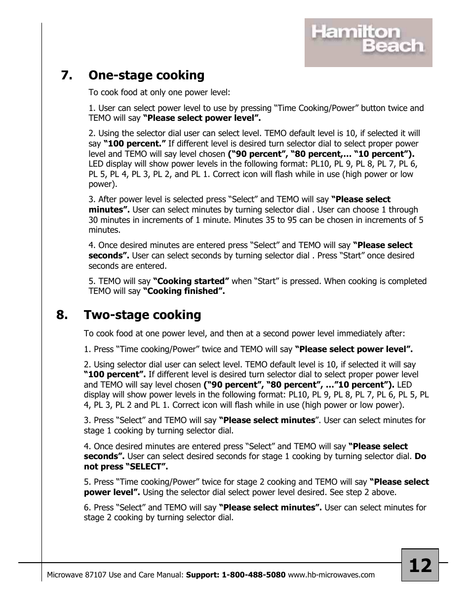 Two-stage cooking, One-stage cooking | Hamilton Beach 87107 User Manual | Page 12 / 19