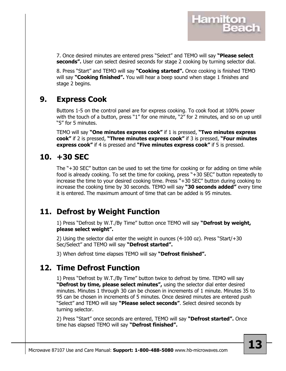 Express cook, +30 sec, Defrost by weight function | Time defrost function | Hamilton Beach 87107 User Manual | Page 13 / 19