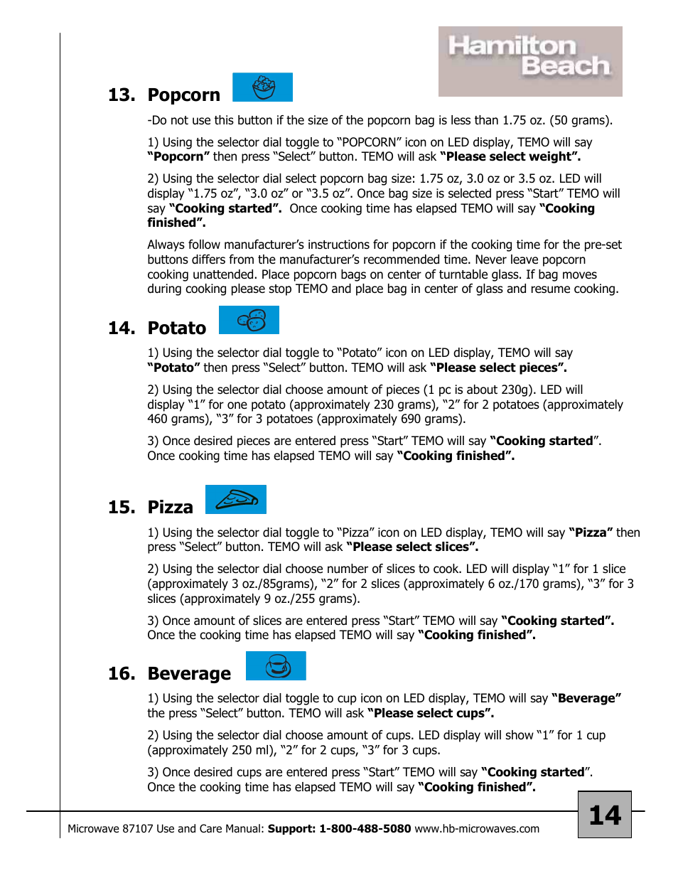 Popcorn, Potato, Pizza | Beverage | Hamilton Beach 87107 User Manual | Page 14 / 19