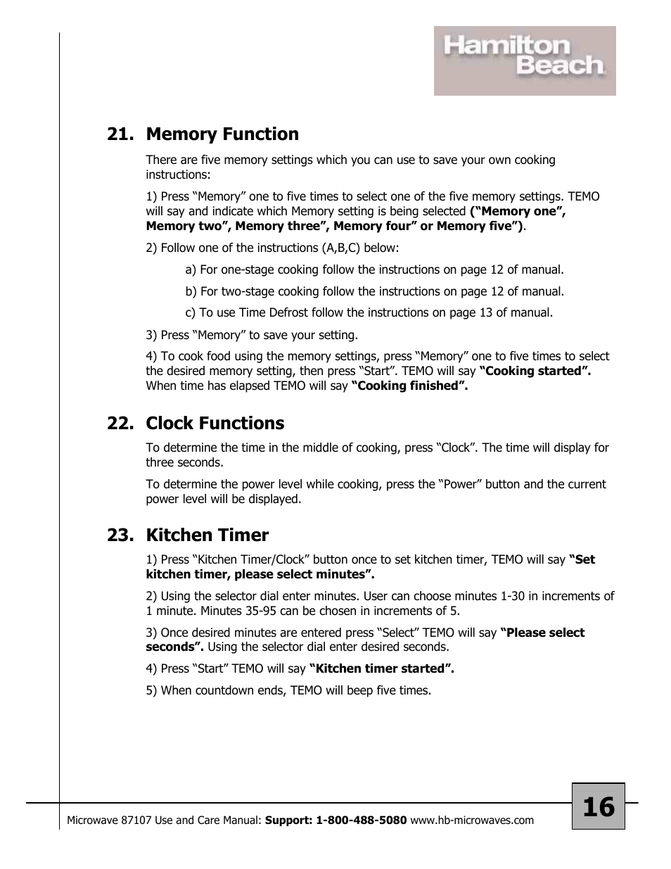 Clock functions, Kitchen timer | Hamilton Beach 87107 User Manual | Page 16 / 19