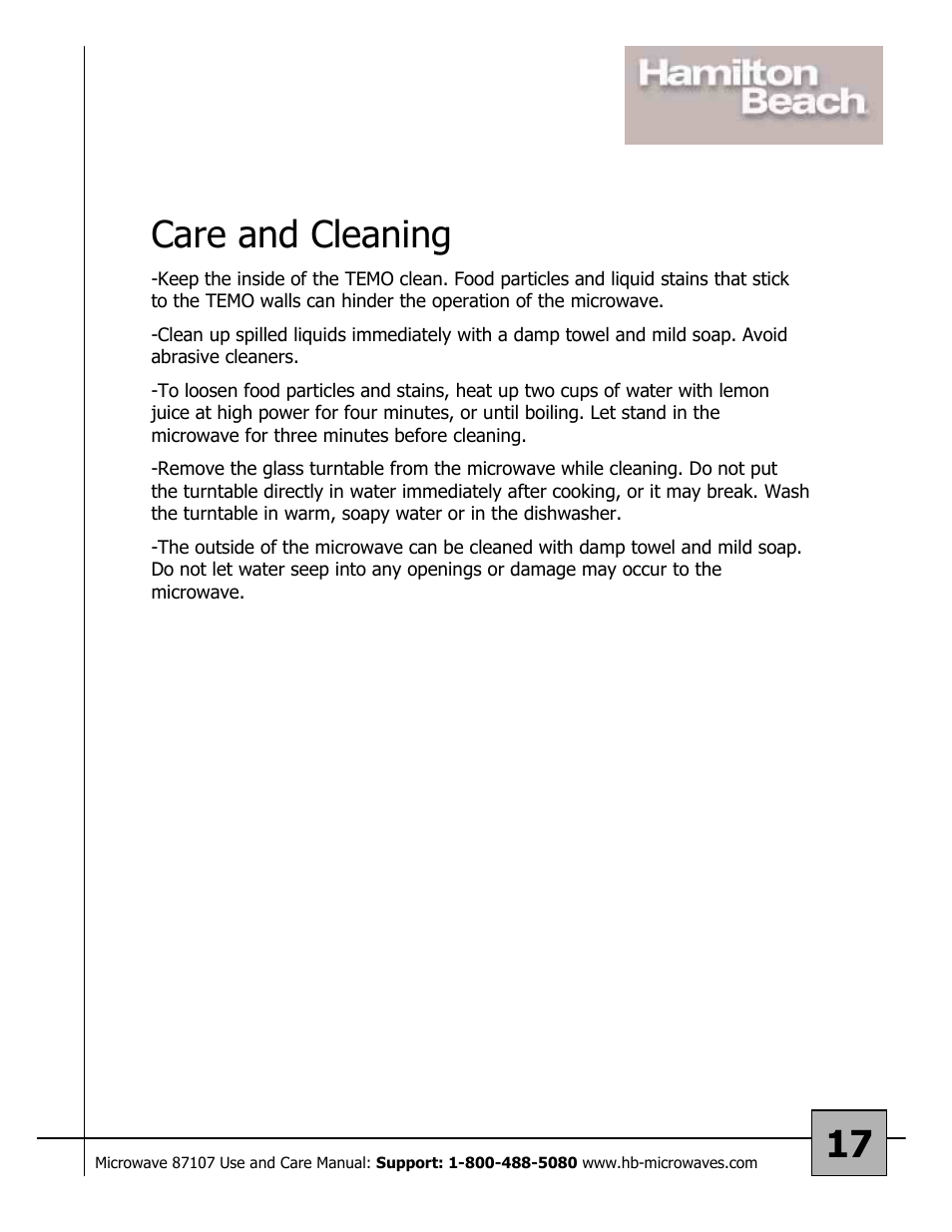 17 care and cleaning | Hamilton Beach 87107 User Manual | Page 17 / 19