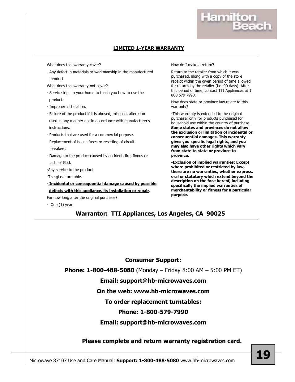 Hamilton Beach 87107 User Manual | Page 19 / 19
