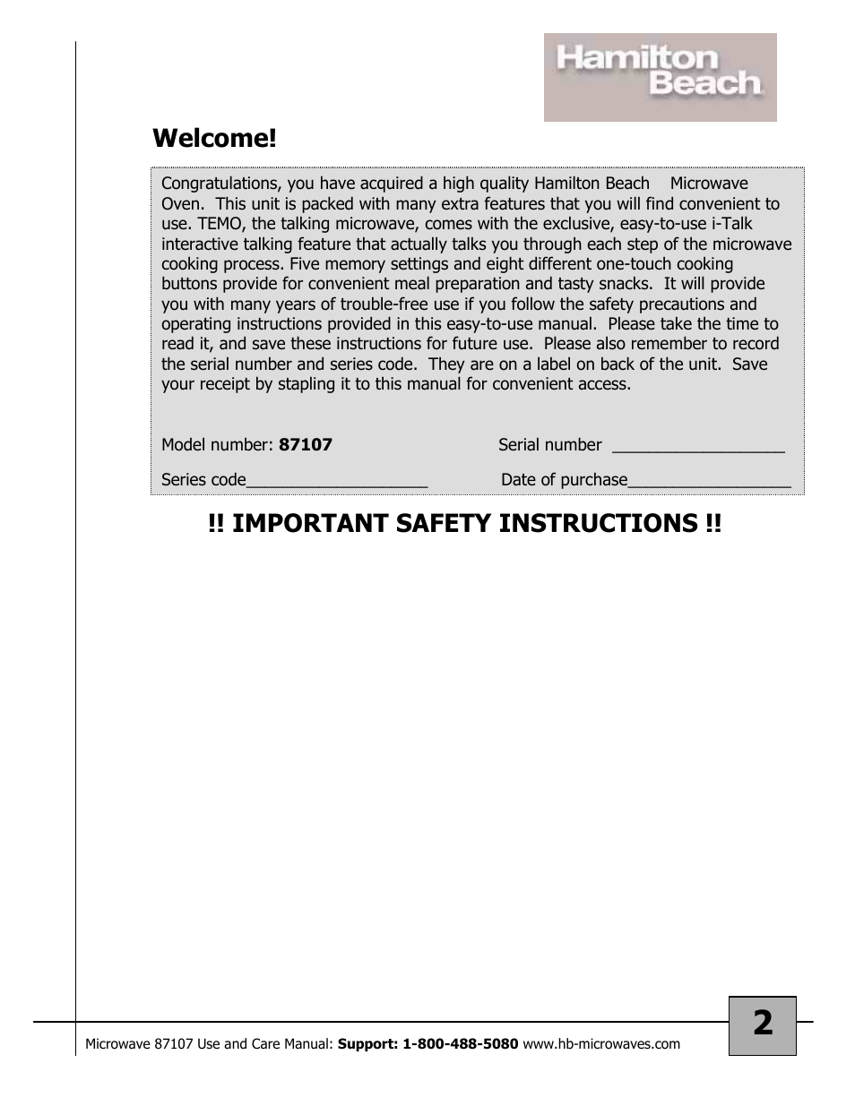 Welcome, Important safety instructions | Hamilton Beach 87107 User Manual | Page 2 / 19