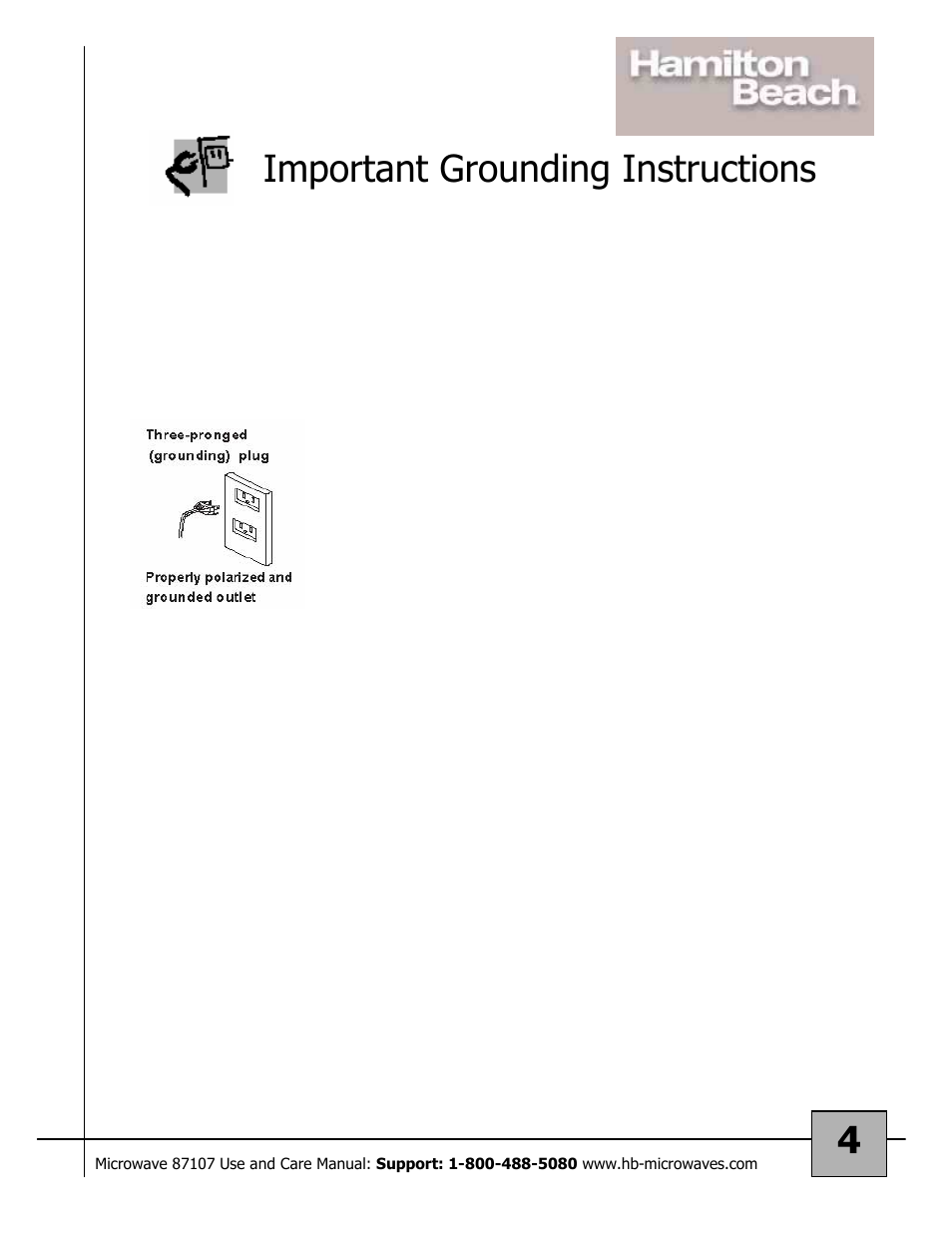 4important grounding instructions | Hamilton Beach 87107 User Manual | Page 4 / 19