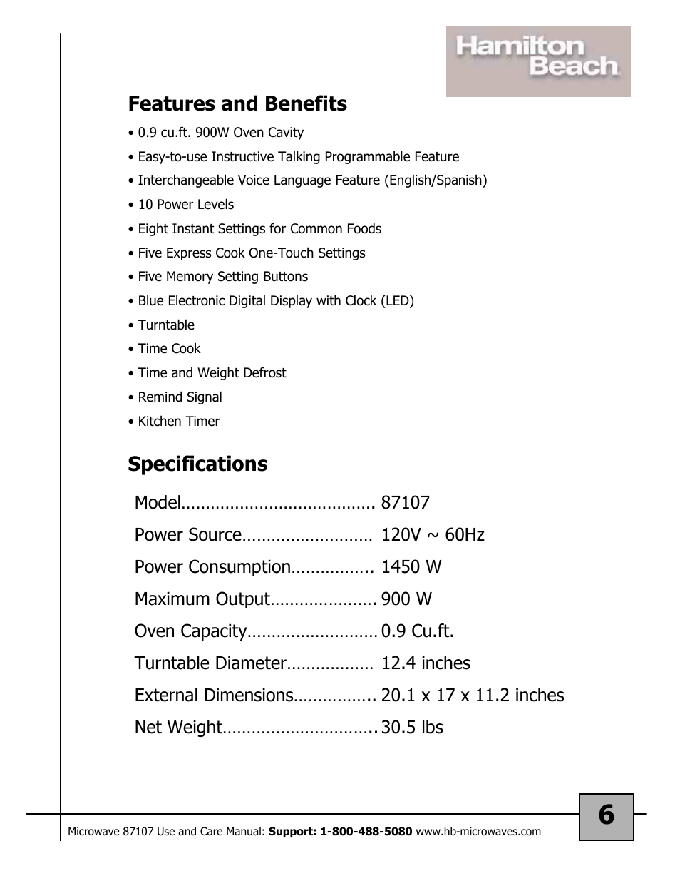 Specifications, Features and benefits | Hamilton Beach 87107 User Manual | Page 6 / 19