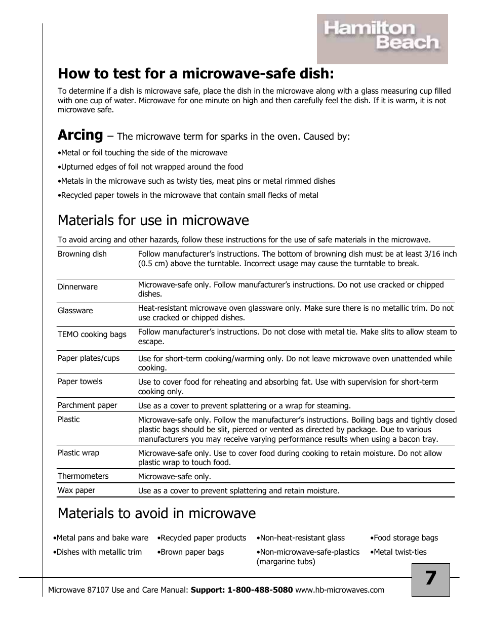 Arcing, Materials to avoid in microwave | Hamilton Beach 87107 User Manual | Page 7 / 19